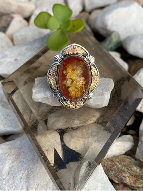 Vintage Amber Ring Art Deco Sterling & Gold